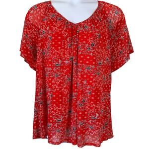 Siren Lily Red Floral Boho Peasant Blouse Top 1X Chiffon Lined Flutter Sleeve